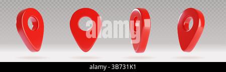 3D red map pointer pin icons set - glossy location markers with transparent shadows isolated on gray background. Shiny drop shaped navigation symbols for GPS, travel, delivery service apps UI design. Stock Vector