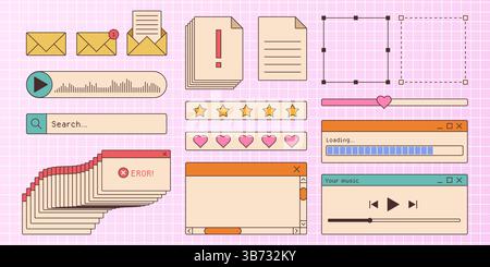 Retro browser window interface kit. Ui components of music player, loading bar, dialog boxes, star and heart ratings, error messages and search bar. Nostalgic 90s vibe web design elements. Stock Vector
