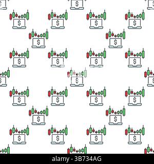Candlestick Chart on Laptop Screen vector electronic trading concept colored seamless pattern Stock Vector