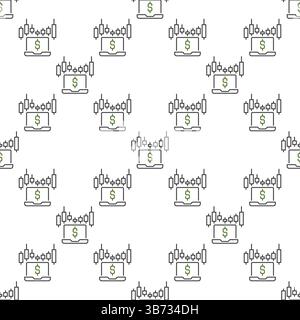 Laptop with Candlestick Pattern or Chart vector electronic trading concept outline seamless pattern Stock Vector