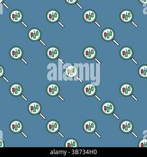 Magnifying Glass with candlestick pattern vector searching concept colored seamless pattern Stock Vector