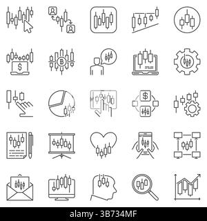 Stock Market and Trading outline icons set - Stock Exchange Traders and Investors concept vector symbols. Candlestick charts signs Stock Vector