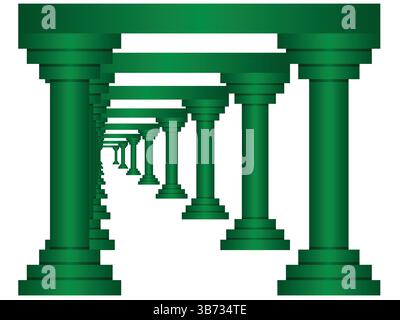 Gorgeous Roman corridor with columns and glowing heavenly light at the end, green color isolated on white, right side view EPS vector. Stock Vector