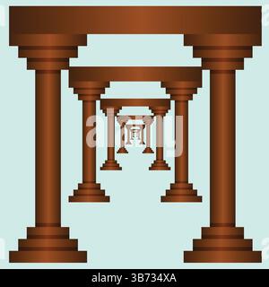 Gorgeous Roman corridor with columns and glowing heavenly light at the end. Brown corridor isolated on light blue background. EPS vector. Stock Vector