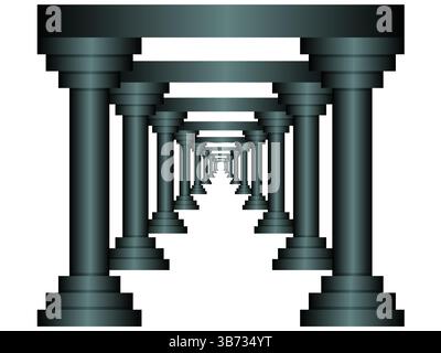 Gorgeous Roman corridor with columns and glowing heavenly light at the end, dark grey isolated on white background, EPS editable. Stock Vector