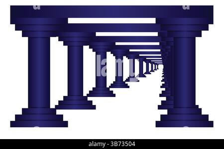 Gorgeous Roman corridor with columns and glowing heavenly light at the end, blue color isolated on white, left side view EPS editable. Stock Vector