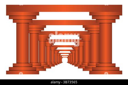 Gorgeous Roman corridor with columns and glowing heavenly light at the end, isolated on white background. Bottom view. EPS editable. Stock Vector