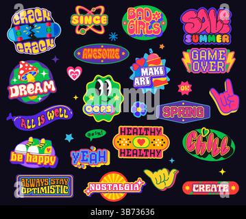 Y2k retro groovy stickers funky labels patch with cool shapes and cute smile emojis. Vintage y2k badges with hippie mushroom, flowers, hearts and star Stock Vector