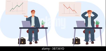 Happy and sad businessman from rising and falling chart. Business success and failure infographic. Man sitting at computer table. Office manager. Star Stock Vector