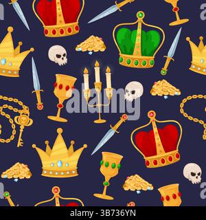 Gold jewelry seamless pattern. Golden crowns and coins. Pirate treasure. Repeated print. Chain with key. Human skull. Goblets and candlesticks with kn Stock Vector