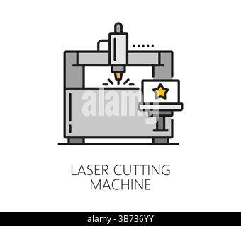 Laser cutting line icon of laser cutting machine for cut processing works, vector symbol. Laser cutting machine line icon of metalwork industry, metal Stock Vector