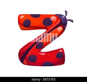 Ladybug insect cartoon font letter Z. Red ladybird cartoon typeset symbol, garden lady bug vector English alphabet type sign. Spring insect kids ABC t Stock Vector