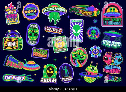 Outer space y2k galaxy groovy stickers, alien UFO funky patch labels. Retro hippie flying saucer and space galaxy planets vector stickers set with fun Stock Vector
