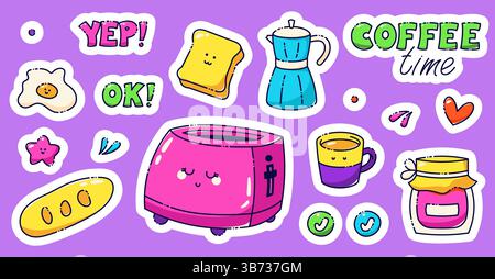 A set of kawaii stickers for a coffee-themed diary planner drawn in bright neon color. Includes a toaster with a cute smile, egg, geyser coffeemaker, jam, bread and two texts. Stock Vector