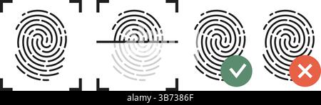 Fingerprint scanning with green flag or red cross. Biometric unique identification process. Electronic scanner. Security control. Approve or restricte Stock Vector
