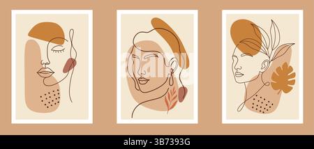 A set of three minimalist abstract portraits features female faces drawn in continuous lines, layered with earthy shapes and botanical accents. Stock Vector