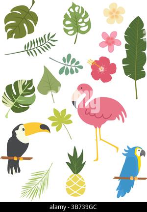 Tropical Hand-Drawn Icons Set – Summer, Island, Nature, and Exotic Elements Collection Stock Vector
