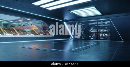 Futuristic garage with glowing neon lights showing race track and telemetry data on a transparent display. 3D rendering Stock Photo