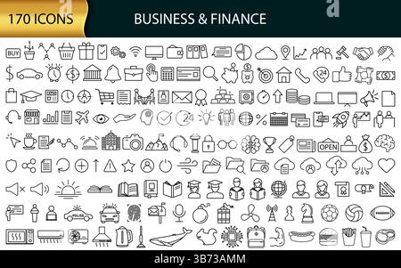 A versatile collection of 170 unique business icons for various professional and digital media applications. Set of Business and finance icons. Vector Illustration. Eps10 Stock Vector
