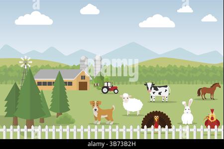 A beautifully crafted pixel art illustration depicting a charming farm that features various animals along with a rustic fence surrounding it Stock Vector
