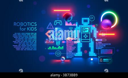 Programming of robots for kids. Kids learning to coding, programming in online IT school. Engineering courses in internet for children. Kids studying Stock Vector