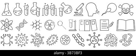 This diverse collection of scientific icons represents key concepts in chemistry, biology, and research Stock Vector