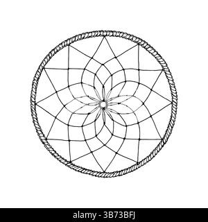 Vector illustration of a hand drawn dreamcatcher ring in black and white. Boho line art style with detailed feather cord texture. Ideal for tattoos Stock Vector