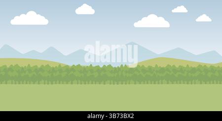 A charming pixel art landscape portraying majestic mountains in the background, complemented by lush trees in the vibrant foreground Stock Vector