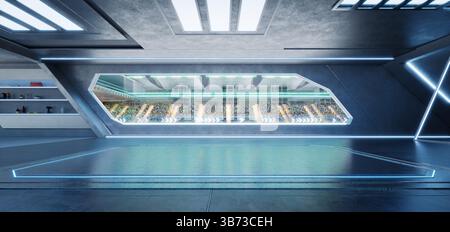 Futuristic garage space with a large window offering a view of a bustling racetrack and cheering spectators. 3d rendering Stock Photo
