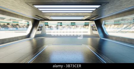 Futuristic garage space overlooking racetrack with spectators, illuminated by neon lights. 3d rendering Stock Photo