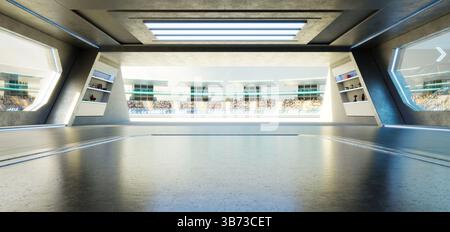 Futuristic garage or hangar opening on a racetrack with audience in the background. 3d rendering Stock Photo