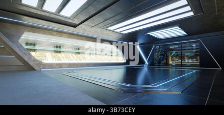 Futuristic garage with racetrack view and performance analysis displayed on screens, blending technology and motorsport. 3d rendering Stock Photo
