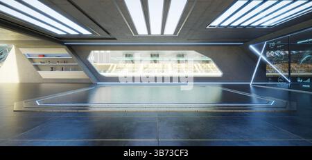 Futuristic garage with racetrack view and performance analysis displayed on screens, blending technology and motorsport. 3d rendering Stock Photo