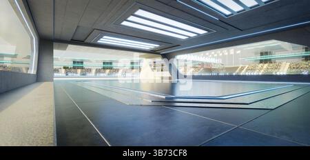 Futuristic garage with wet floor opening on a racetrack with audience cheering in the stands. 3d rendering Stock Photo