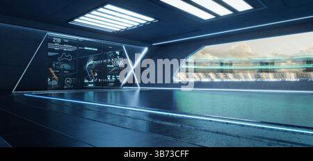 Futuristic garage interior showing race statistics and racetrack outside. 3d rendering Stock Photo