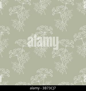 Dill branches with seeds, seamless pattern, hand drawn doodle. White herbal dill on green pastel background. Textile. Vector illustration Stock Vector