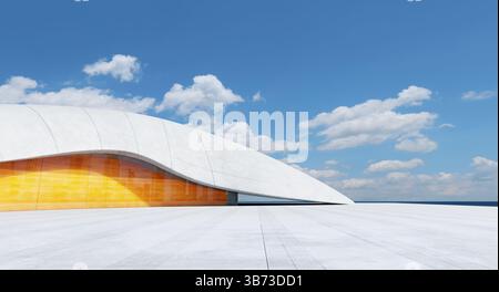 Futuristic building blending concrete and orange panels, featuring a curved roof against a backdrop of blue sky and ocean. 3D rendering Stock Photo
