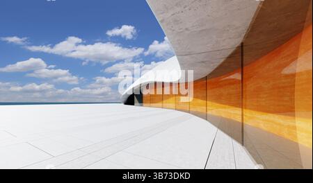 Modern architecture blending seamlessly with nature, featuring an expansive white paved area and orange glass facade. 3D rendering Stock Photo