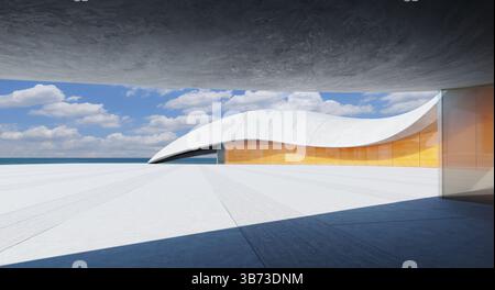Futuristic architecture blending concrete and glass, creating a striking visual contrast against a backdrop of blue sky and ocean. 3D rendering Stock Photo