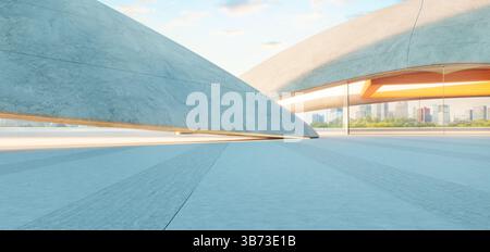 Empty concrete floor with abstract modern architecture and cityscape view. 3d rendering Stock Photo