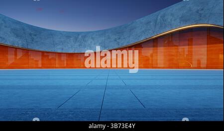 Empty concrete ground in front of a modern building with a curved concrete wall and orange glass reflecting the city skyline at dusk. 3D rendering Stock Photo