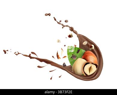 Chocolate splash with hazelnuts on white background Stock Photo
