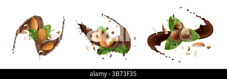 Chocolate splashes with nuts on white background, set Stock Photo