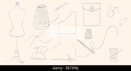 Tailor tools and accessories line icons set. Hand drawn retro equipment of seamstress to sew dress. Sewing, needlework, mascot, icons of designer and Stock Vector