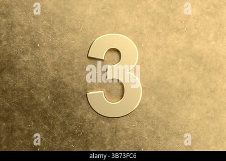 Golden number three standing on a textured golden surface, representing concepts such as luxury, wealth, and success Stock Photo