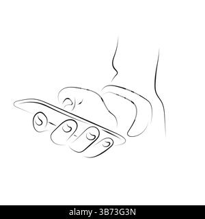 closeup hand holding smartphone illustration vector hand drawn with black lines isolated on white background. Stock Vector