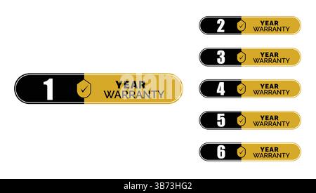 Set of black and gold year warranty labels ranging from 1 to 6 years, featuring bold text and shield check icon, used for product assurance visuals Stock Vector