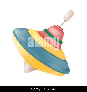 Multi-colored spinning top, children's toy, Watercolor illustration. Yula, fun for babies, boys or girls, isolated on white background. For children's Stock Photo