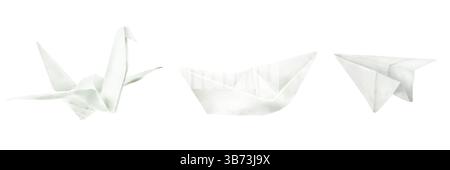 Paper crane, airplane and boats from a notebook. Watercolor illustration. Origami toy set, paper bird, isolated on a white background. For greetings, Stock Photo