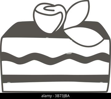 Cake decorated with cream rose with leaf. Square piece of sweet holiday cake black and white hand drawn illustration. Doodle sketch style icon, slice Stock Vector